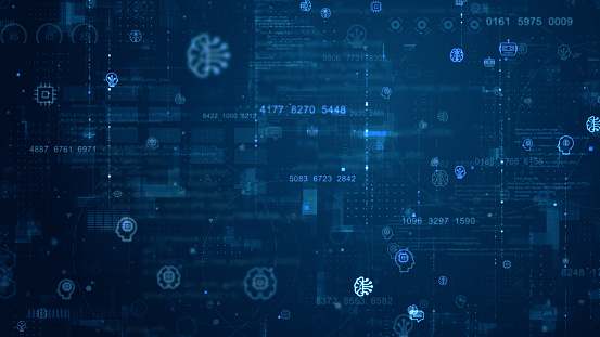 Icono azul de inteligencia artificial (IA) digital y simulación de matriz de datos con tecnología de pantalla HUD futurista sobre fondo abstracto azul photo