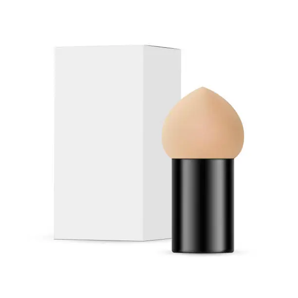 Vector illustration of Small Makeup Sponge Beauty Blender with Handle, Packaging Box Mockup