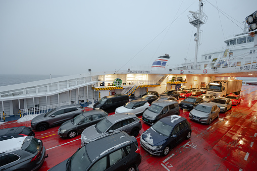 Moss, Norway - January 07 2023: Cars on a car ferry between Moss and Horten.