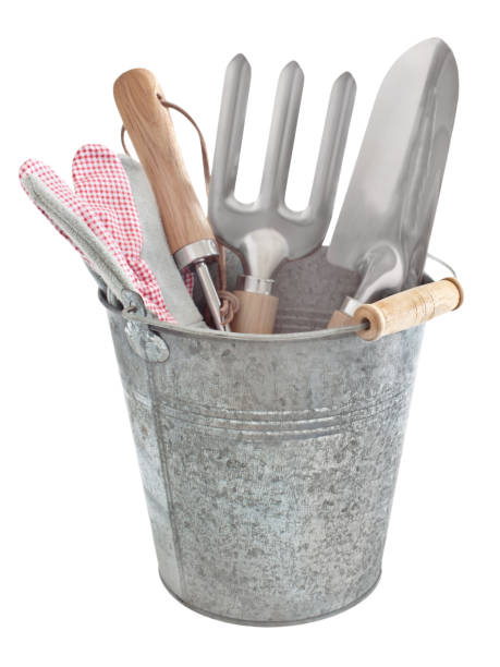 istock Various vintage garden work tools with bucket, fork, shovel and gloves isolated on white  background country style 1495892707