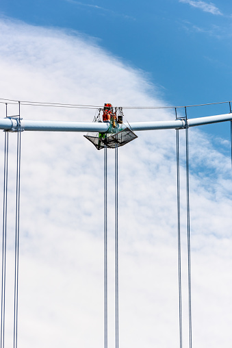 Gothenburg, Sweden - May 29 2022: Suspender cable bands of Älvsborgsbron under maintenance.