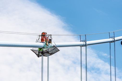 Gothenburg, Sweden - May 29 2022: Suspender cable bands of Älvsborgsbron under maintenance.