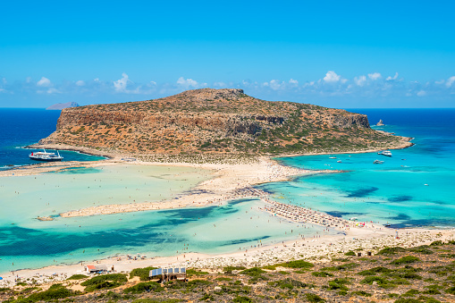 Picturesque view to Balos beach and lagoon on Gramvousa Peninsula. Crete, Greece