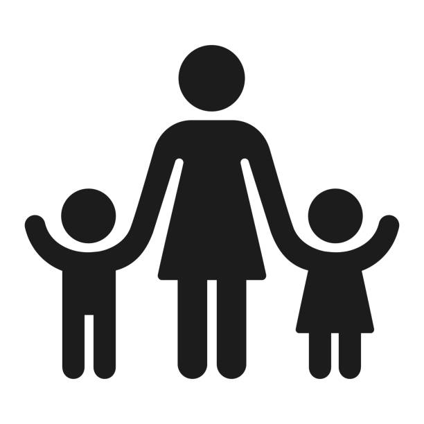 Woman with children figure icon Adult with children figure silhouette icon. Woman holding hands of boy and girl. One parent family or preschool teacher. Vector symbol. children holding hands icon stock illustrations
