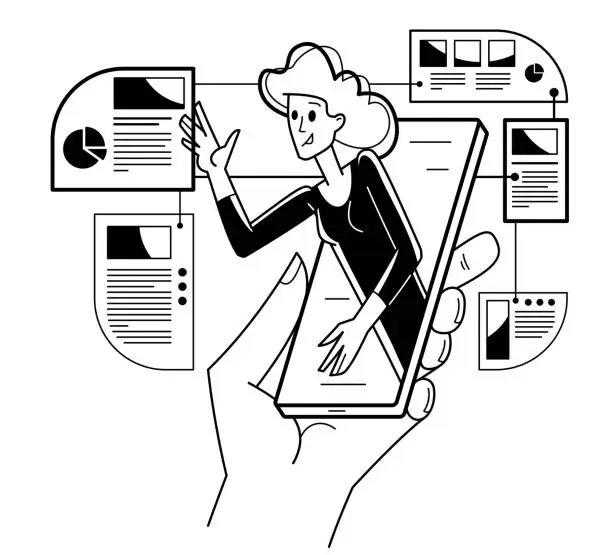 Vector illustration of Intellectual worker woman making analysis of some data on pc or web, data systematization, collecting and analyzing information, vector outline illustration.