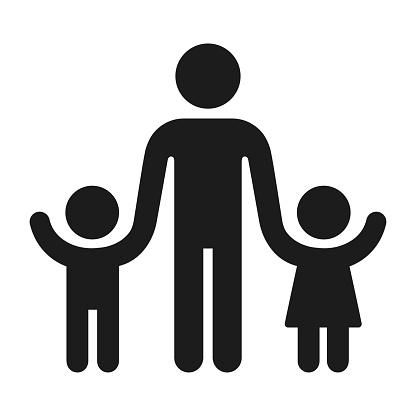 Adult with children figure silhouette icon. Man holding hands of boy and girl. One parent family or preschool teacher. Vector symbol.