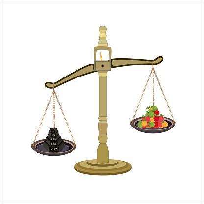 Weight balance scale 1kg, 2kg, 3kg, 4kg, 5kg weight stone. and apples. equal balance measuring. Vector illustration. balance measure symbol icon. isolated on white background.