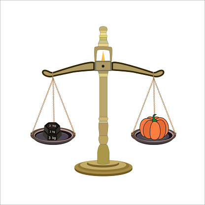 Weight balance scale 2kg and 3kg weight stone. and Pumpkin. equal balance measuring. Vector illustration. balance measure symbol icon. isolated on white background.