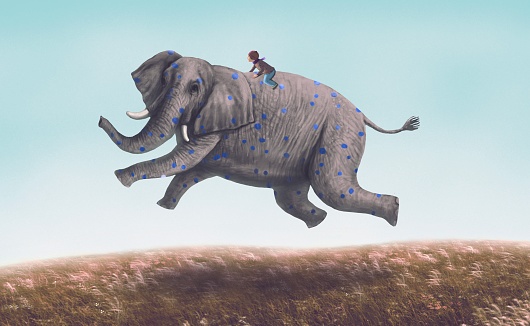 Elephant and a boy. surreal painting animal concept. art