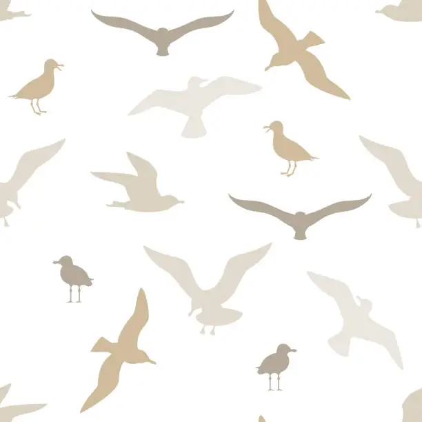 Vector illustration of Seagulls seamless pattern. Vector background with silhouettes of sea birds in different poses.