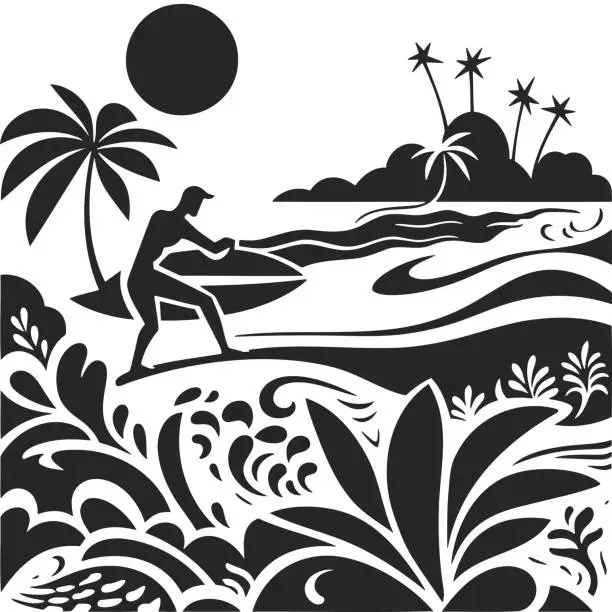 Vector illustration of Beach, palm trees, surf. summer vector illustration