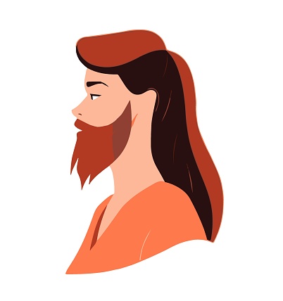 Woman with beard in profile isolate on white background. Concept of breaking with ideas and gender roles, androgyny...
