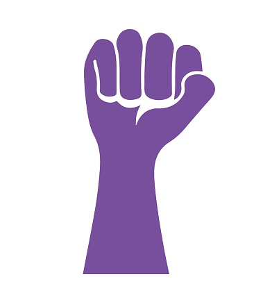 Conceptual and abstract feminist symbol or logo of an upraised hand in purple color isolated on white background.