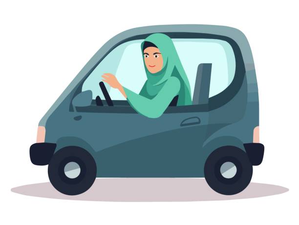 illustrations, cliparts, dessins animés et icônes de jeune femme musulmane au voile vert conduisant une petite voiture isolée sur fond blanc. concept d’indépendance et d’autonomie de la femme musulmane. - image smiley gratuit