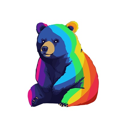 Bright and angry bear with colorful fur with the colors of LGBT or gay flag looking away isolated on white background. Concept of gay bear.