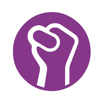 Conceptual and abstract feminist symbol or logo of an upraised hand in purple color isolated on white background.