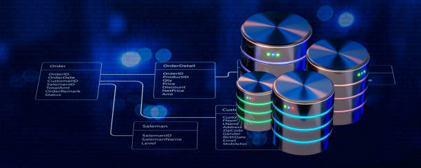 Panoramic view of Multiple databases is placed on Relational database tables with server room background. Concept of database server, SQL, data storage, database diagram design. 3D rendering. la vista panorámica de varias bases de datos se coloca en tablas de bases de datos relacionales con fondo de sala de servidores. concepto de servidor de base de datos, sql, almacenamiento de datos, diseño de diagramas de base de datos. renderizado 3d.