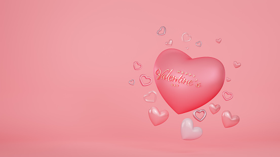 Balloon hearts on pink background. Happy valentine's, Mother's Day, Wedding, Birthday and Anniversary concept. 3D render.