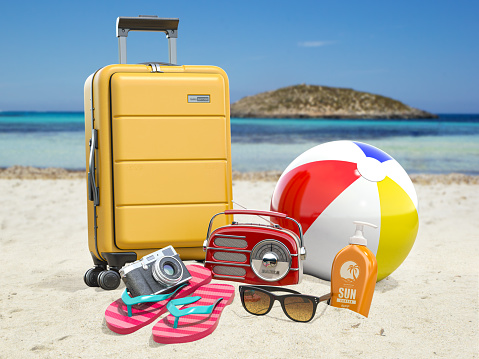 Summer travel and beach vacations accessoires. Travel and tourism concept. 3d illustration