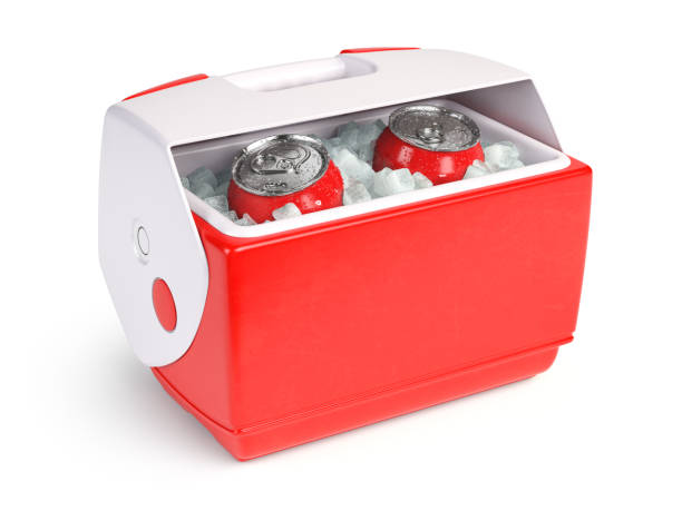 istock Plastic cool box  or small cooler with a beer cans or soda drinks in ice isolated on white. 1495907664
