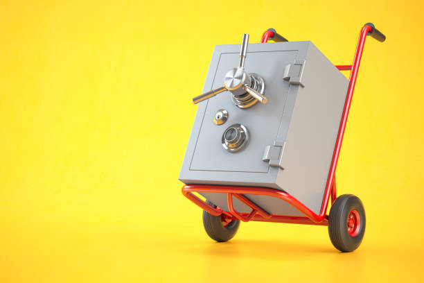 Safe on hand truck on yellow background. 3d illustration