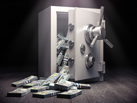 Unlocked steel safe with dollar banknote packs inside. 3d illustration