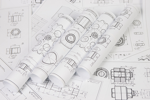 engineering drawings of industrial parts and mechanism