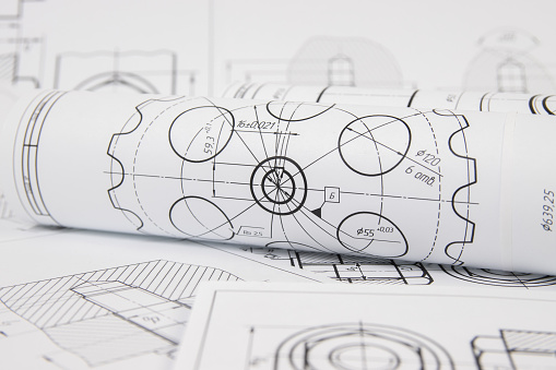 engineering drawings of industrial parts and mechanism