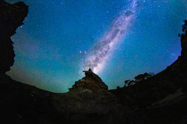 istock Man gazing into Milky way galaxy at night with unique rock formations in foreground 1495908010
