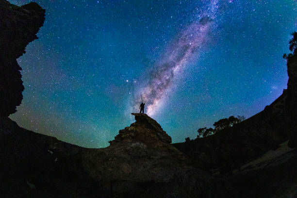 Man gazing into Milky way galaxy at night with unique rock formations in foreground