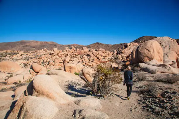 Woman walking among the giant rocks and dramatic desert landscape of Joshua Tree National Park