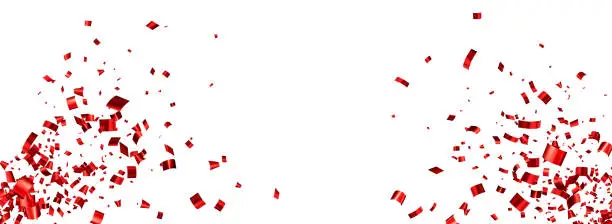 Vector illustration of Falling red cut out foil ribbon confetti background with space for text.