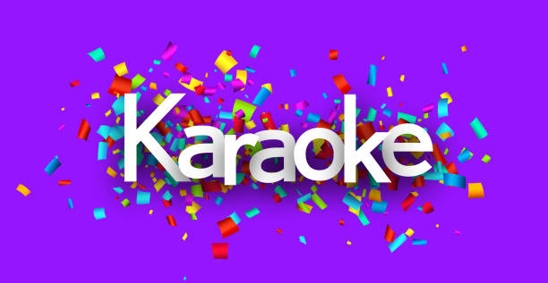 istock Karaoke sign over colorful cut out ribbon confetti on purple background. 1495909844