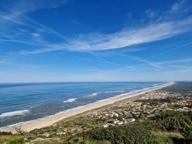 View from the top of mountain over Murtinheira, Quiaios Beach and residential area. View over the vast blue Atlantic ocean, blue sky and neighborhood