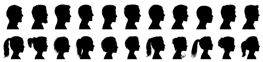 Group young people. Profile silhouette faces boys and girls set, man and woman - for stock