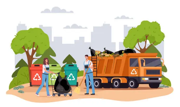 Vector illustration of Garbage truck workers recycle waste trash concept. Vector design graphic illustration