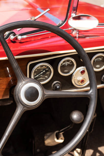 istock Steering wheel and dashboard of a red retro car. 1495916738
