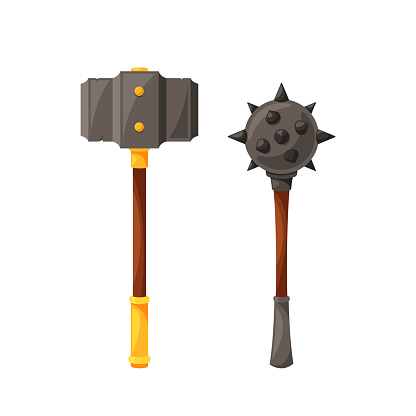 Powerful Medieval Weapons Sledgehammer And Mace for Battle. Sledgehammer, Heavy Blunt Force Tool, And Mace, A Spiked Club, Delivered Devastating Blows To Armored Opponents. Cartoon Vector Illustration