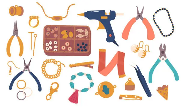 Vector illustration of Comprehensive Set Of Fittings And Tools, For Jewelry Making And Repairs. Includes Variety Of Essential Instruments