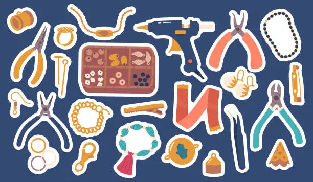 Vector illustration of Set of Stickers with Jewelry Fittings And Tools, Instruments and Items for Jewelry Making And Repairs, Vector Patches