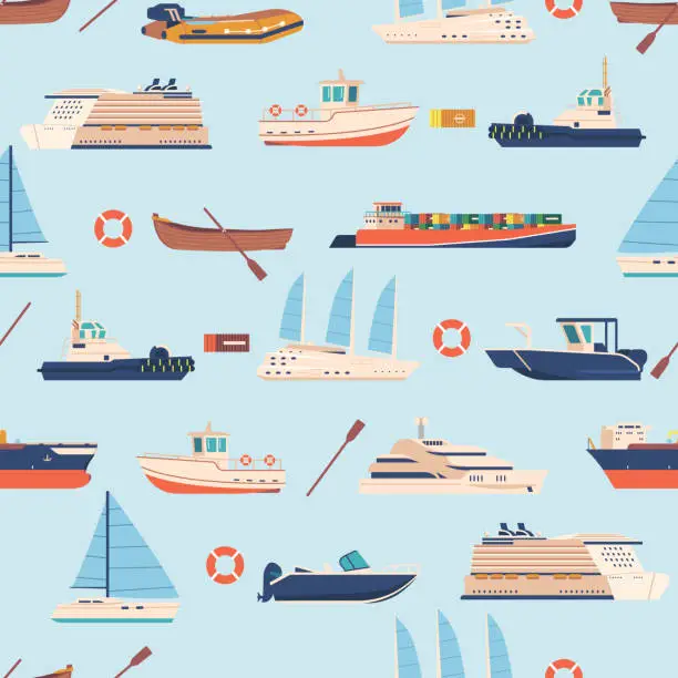 Vector illustration of Seamless Pattern With An Assortment Of Ships And Boats, Creating Nautical-inspired Design, Vector Illustration