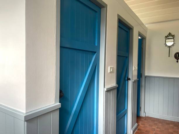 青い色のドアで飾られた公衆トイレの列 - 7649 ストックフォトと画像