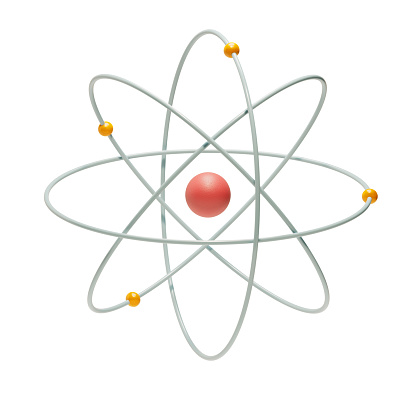 Atom particle with nucleus core, and electrons floating around it.3D illustration