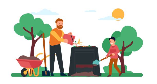 Father and son working in garden. Man pouring bucket of waste into composting bin. Organic fertilizer. Boy loading finished compost into wheelbarrow. Garbage recycling. Vector concept Father and son working in garden together. Man pouring bucket of food waste into composting bin. Organic fertilizer. Boy loading finished compost into wheelbarrow. Garbage recycling. Vector concept farmer son stock illustrations