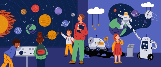 Planetarium excursion. Young visitors of space museum listen to guide. Solar system and astronomical objects. Children looks through telescope. Cosmos exhibition in observatory. Garish vector concept