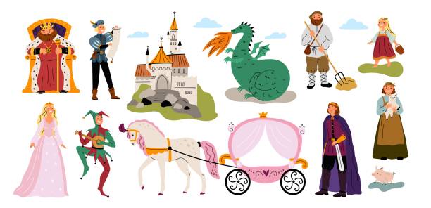 중세 동화. 멋진 캐릭터와 물건. 왕실과 성. 환상적인 드래곤. 농민과 법원 광대. 공주를 위한 마차. 화려한 벡터 판타지 스토리 세트 - picture book fairy tale castle dragon stock illustrations