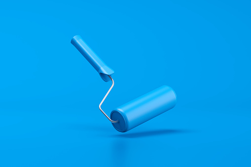 Blue paint roller on blue background. 3d illustration