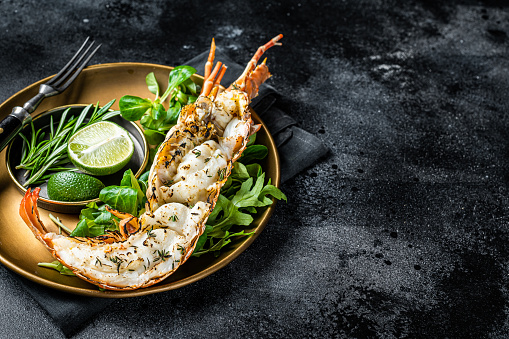 Grilled Spiny lobster with salad on a plate. Black background. Top view. Copy space.