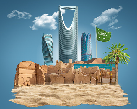 Reino de Arabia Saudita skyline con naturaleza. Bandera de Arabia Saudita, celebrando el día nacional. Plantilla de diseño abstracto. Arco viejo y arena de dunas, ilustración 3D. photo