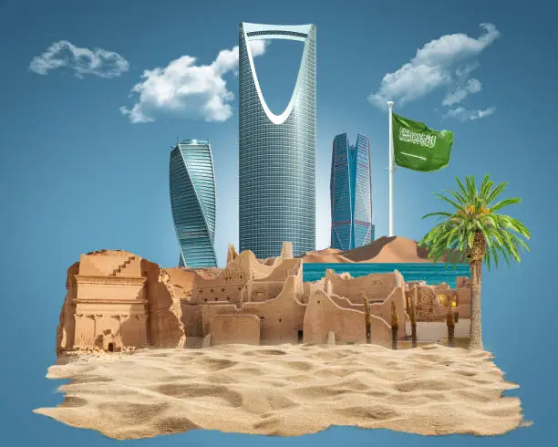 Photo of Kingdom of Saudi Arabia skyline with nature. Saudi Arabia flag, celebrating the national day. abstract design template. old arch and dune sand, 3d illustration.